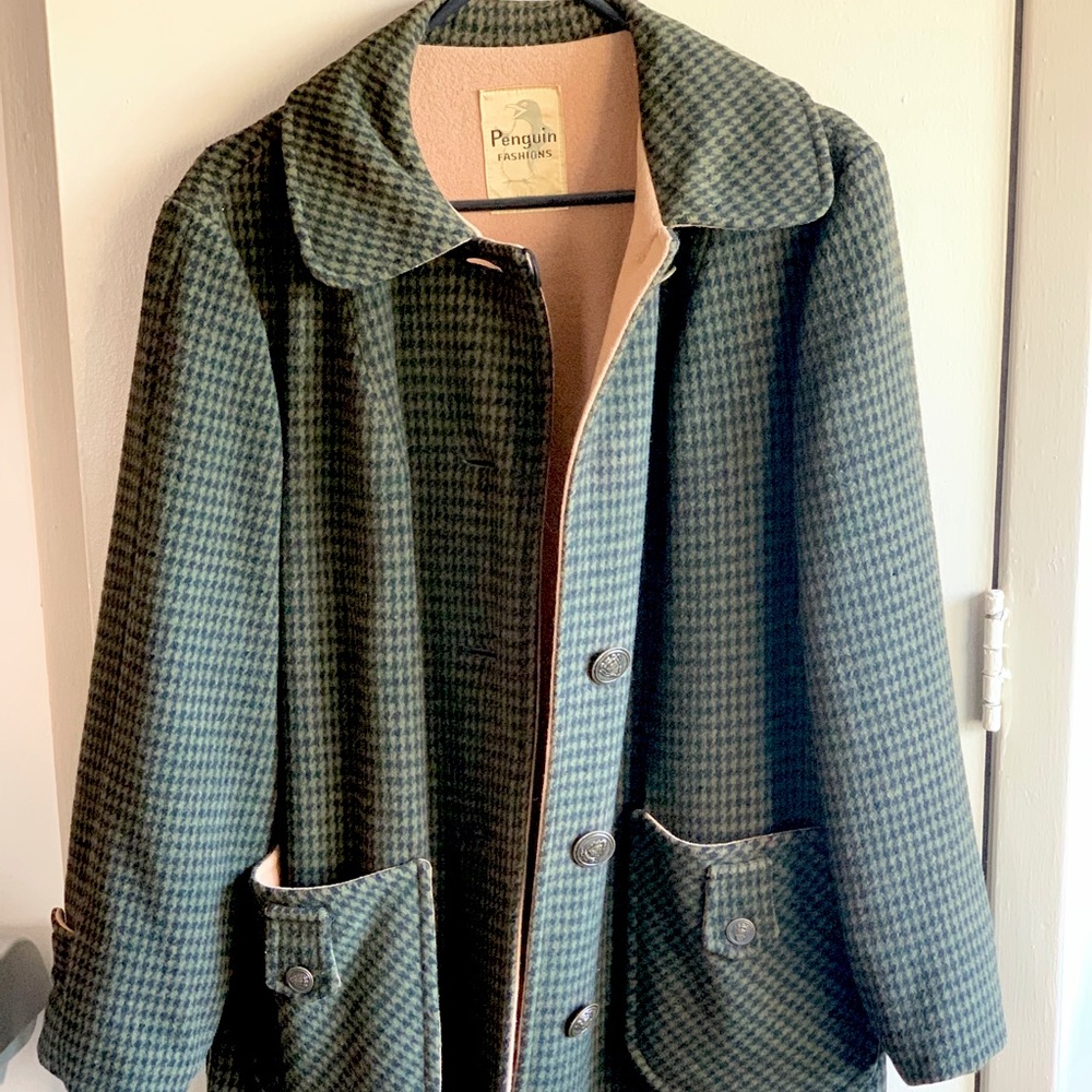 Vtg PENGUIN Womens Houndstooth Tweed & Wool Coat Long Trench (See measurements!)